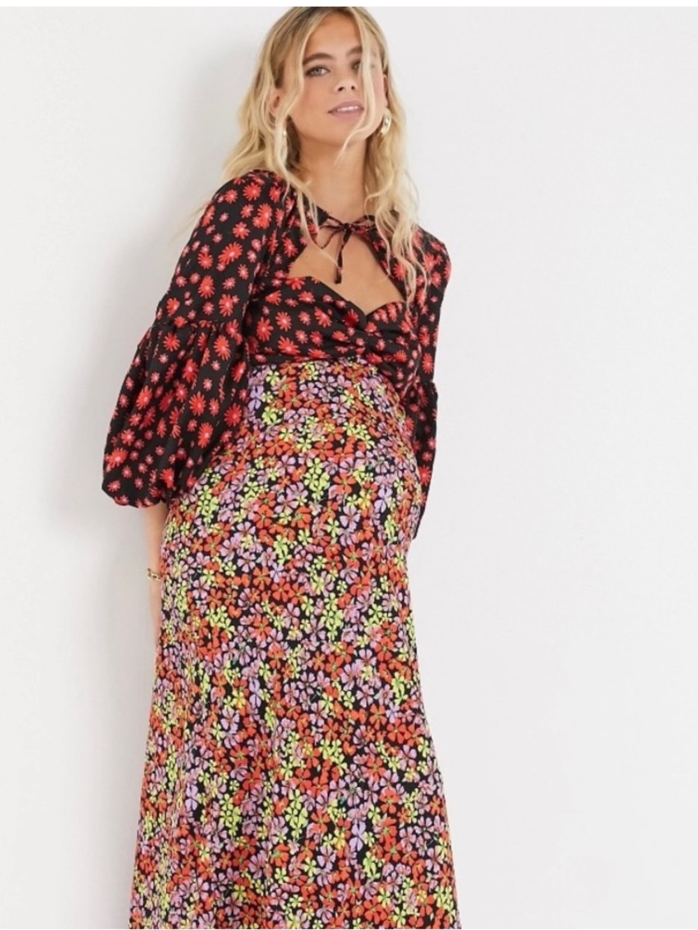 ASOS Maternity Maxi Dress Floral Multicolored Balloon Sleeve Sz 8